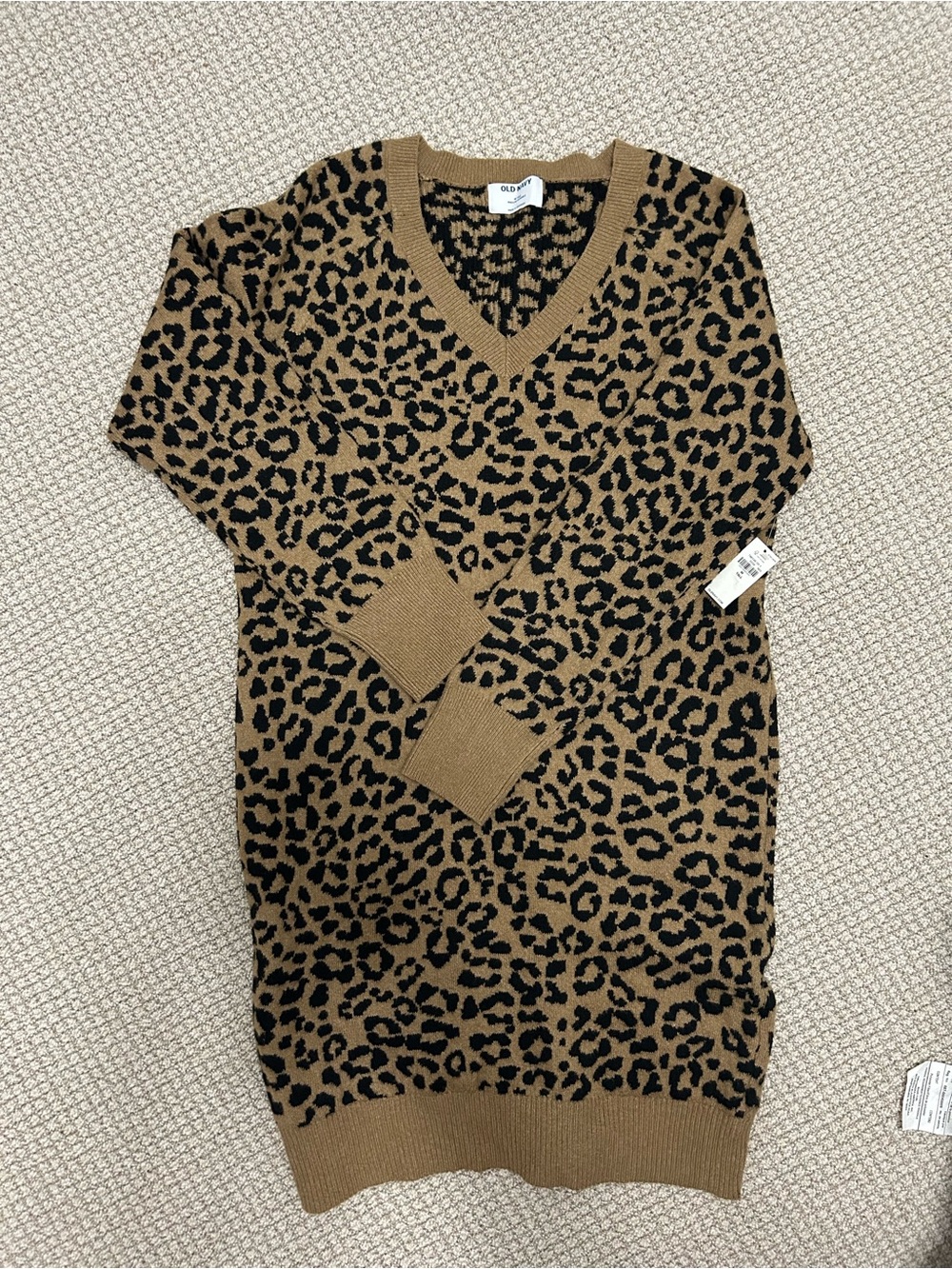 Old Navy Leopard V-Neck Sweater Dress in Camel and Black